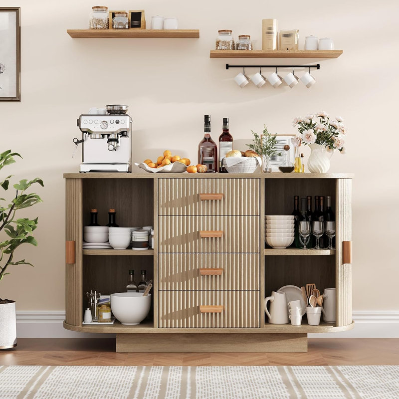 47 Inch Fluted Sideboard Buffet Cabinet with 4 Drawers and 2 Arched Sliding Doors, Coffee Bar Storage Cabinet