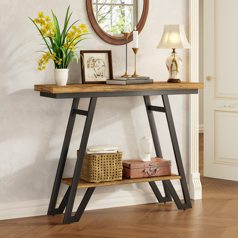 40.5" Narrow Industrial Console Table, 2-Tier Metal Frame，Rustic Brown+Black, Brown