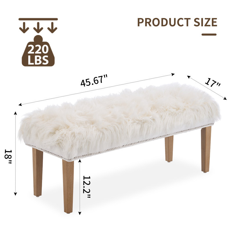White Faux Fur Ottoman Bench Upholstered Furry Entryway Bedroom Bench With Natural Wood Legs,modern Contemporary Long Bench Ottoman Hair Foot Rest Stool For Entryway, Living Room, Bedroom