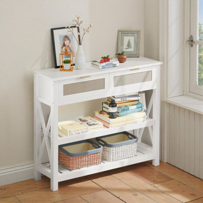 Console Table with 2 Rattan Drawers, Entryway Table with 3-Tier Storage Shelves, Narrow Long Sofa Table for Entryway, Hallway, Foyer and Living Room, White