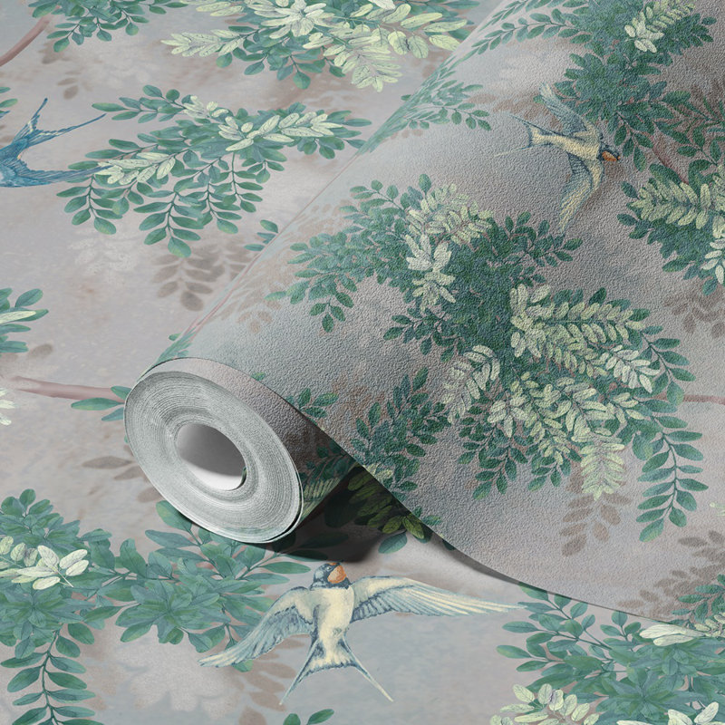 Verdant Canopy With Songbirds Botanical Wallpaper Mural, 110.04" L x 204" W, Green