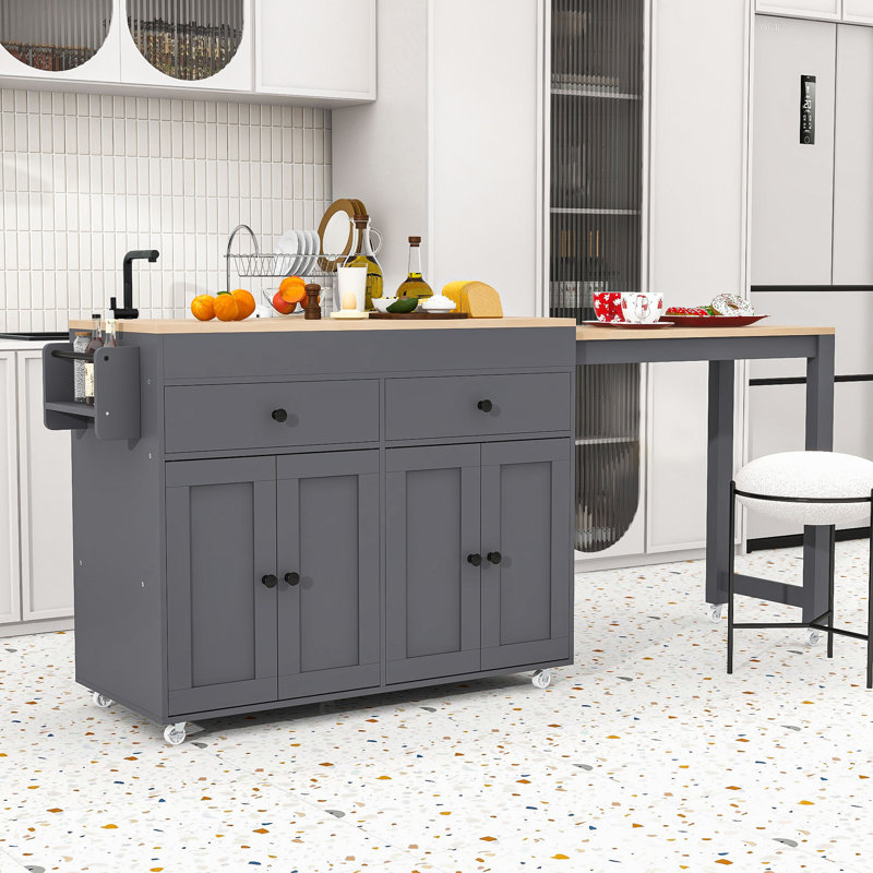 Multi-Functional Rolling Kitchen Island with Extendable Dining Table and Ample Storage, Gray
