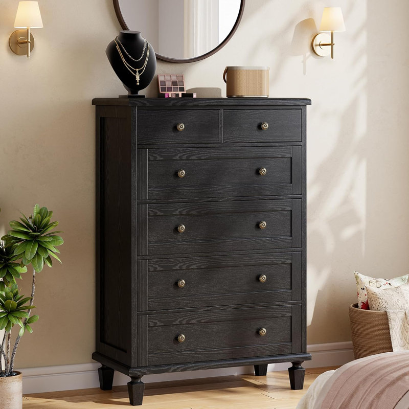 Commode 6 tiroirs Vintage pour chambre à coucher, commode haute en bois avec pieds fuselés, commodes et commodes, Noir