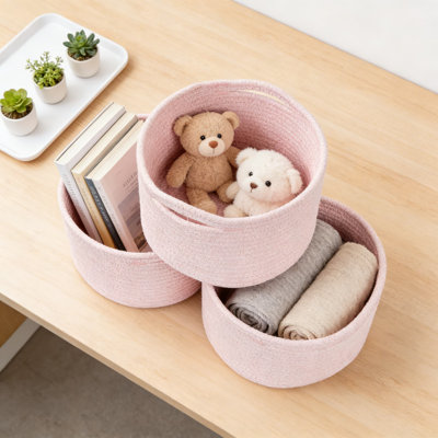 Hand-Woven Cotton Rope Storage Baskets, Round Decorative Organizer Bins With Reinforced Handles For Home, Shelf, Desk, Toy, And Gift Use
