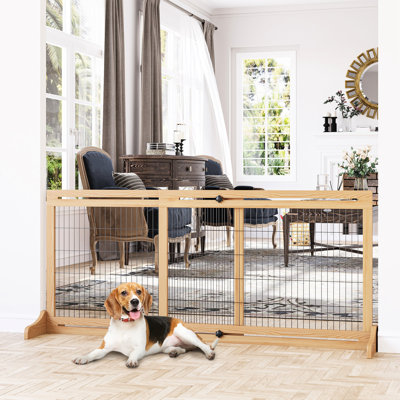 Extra Wide Pet Fencing, 72" W X 27.27" H, Adjustable For Dogs And Cats, Natural Wood, House, Doorway, Hallway Protection Gate, Length, Wood & Steel Construction, Dogs, House Area, Door, Hallway,