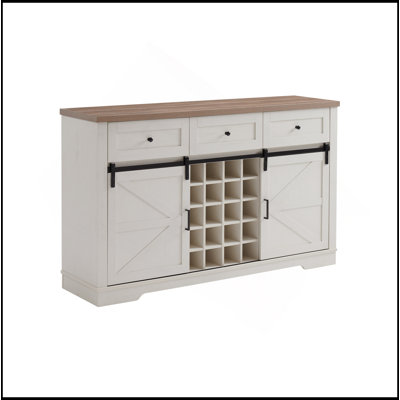 Armoire de bar à vin de ferme avec porte de grange coulissante, armoire de bar à café de 58 po avec support à vin et verre, tablettes de rangement, 3 grands buffets rustiques pour la salle à manger, blanc antique