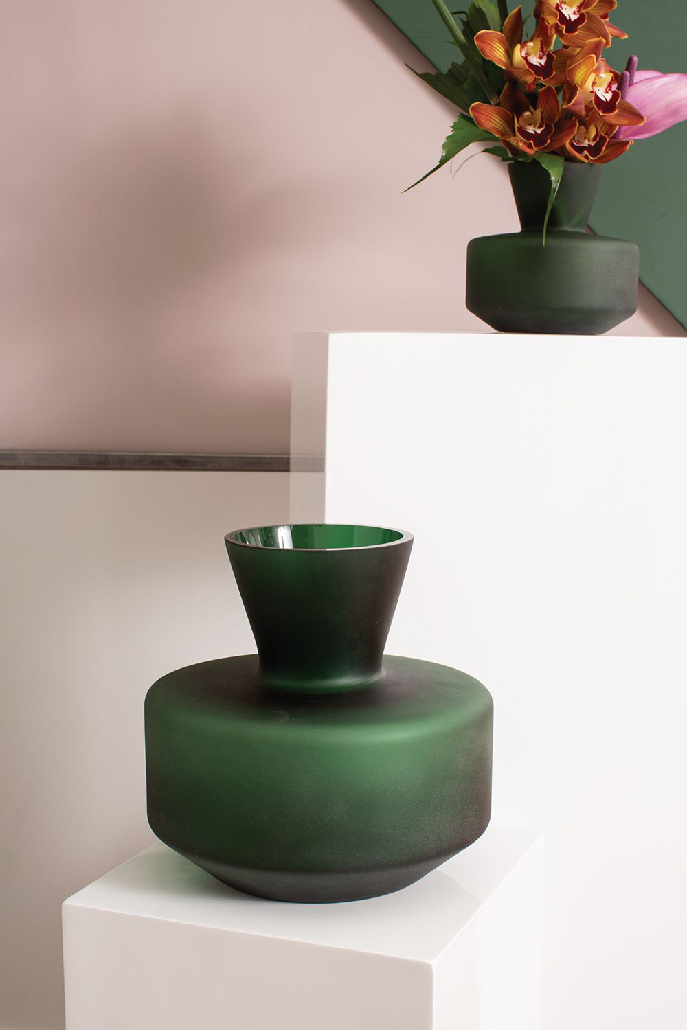 Green Glass Table Vase, 10" H x 10" W x 5.5" D