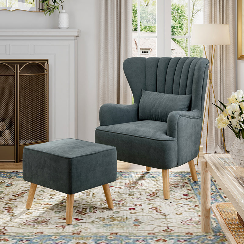 Kiro Upholstered Wingback Chair with Footstool, Dark Grey