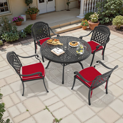 5-Piece Outdoor 48.03" Round Dining Set with Umbrella Hole, 4 Stackable Chairs with Red Cushions