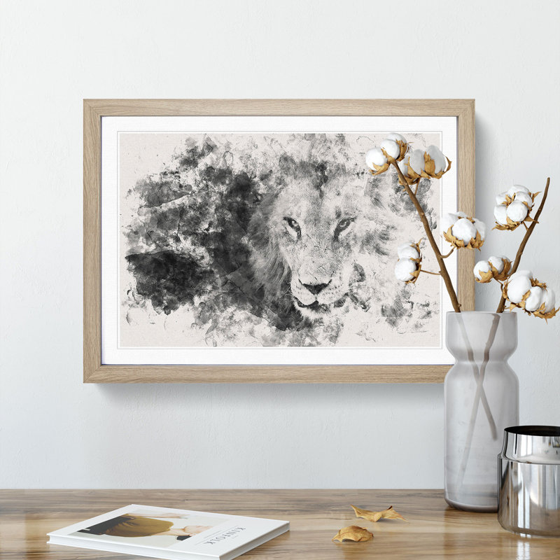 Portrait of a Lion - Picture Frame Graphic Art Print, 33cm H x 45cm W x 2cm D, Oak Framed