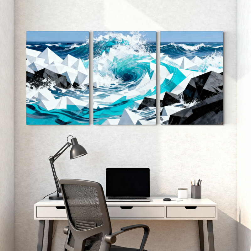 «Nautical & Beach Ocean Waves Crashing Against Geometric Icebergs», ensemble de 3 impressions d'art sur toile