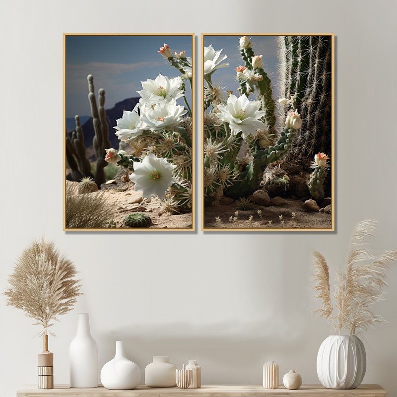 Blanc blanc vert cactus du désert - impressions sur toile blanches, Impression encadrée flottante, Cream, 36" H x 48" W