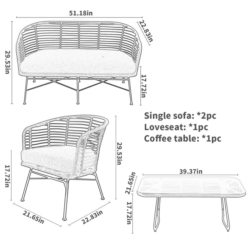 Ensemble de conversation d'extérieur pour 4 personnes avec coussins Brenndon, Gris