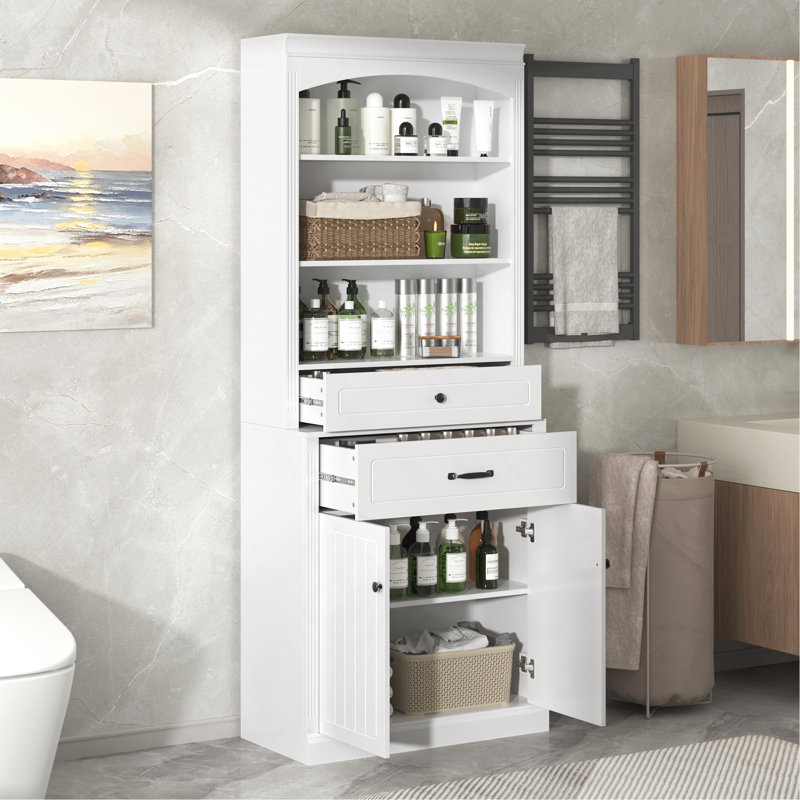 Armoire de rangement blanche pour salle de bain avec deux portes, tiroirs, tablette réglable et trois tablettes ouvertes - Fabrication en panneau de fibres à densité moyenne durable
