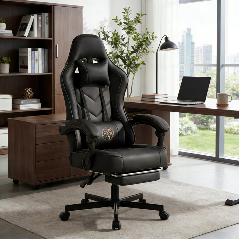 Adjustable Reclining Ergonomic Faux Leather Swiveling PC & Racing Game Chair(Set Of 2), Black