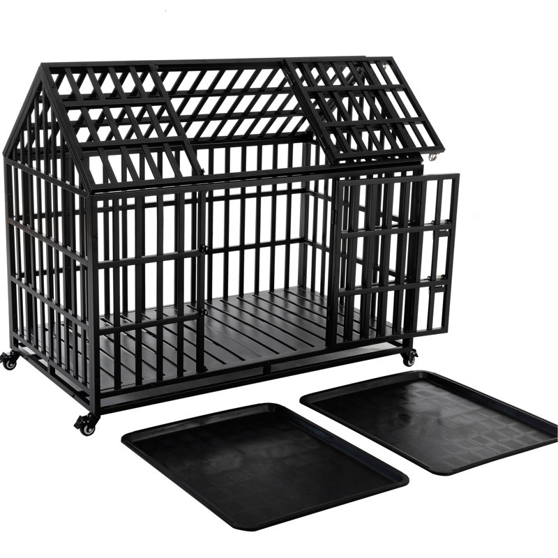 55" Dog Crate, 4 Lockable Wheels, Carbon Steel Material, Design, Indoor/outdoor Use