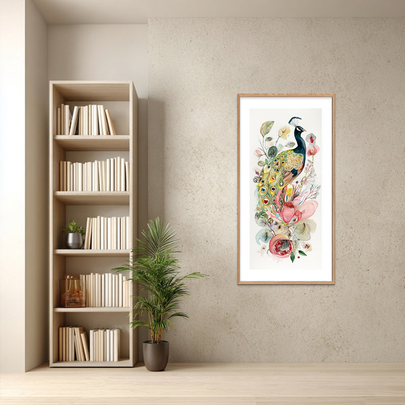 Art mural en toile paon encadré TEPakihi, H 58 po x l 28 po