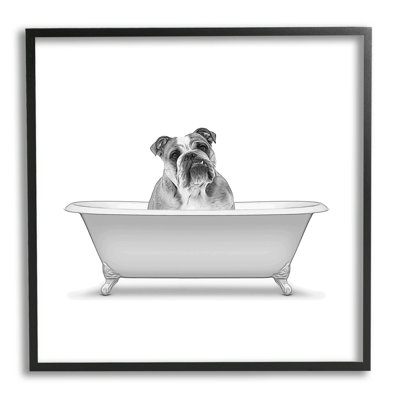 English Bulldog Dog Bath Tub Black Framed Giclee Texturized Wall Art by Annalisa Latella