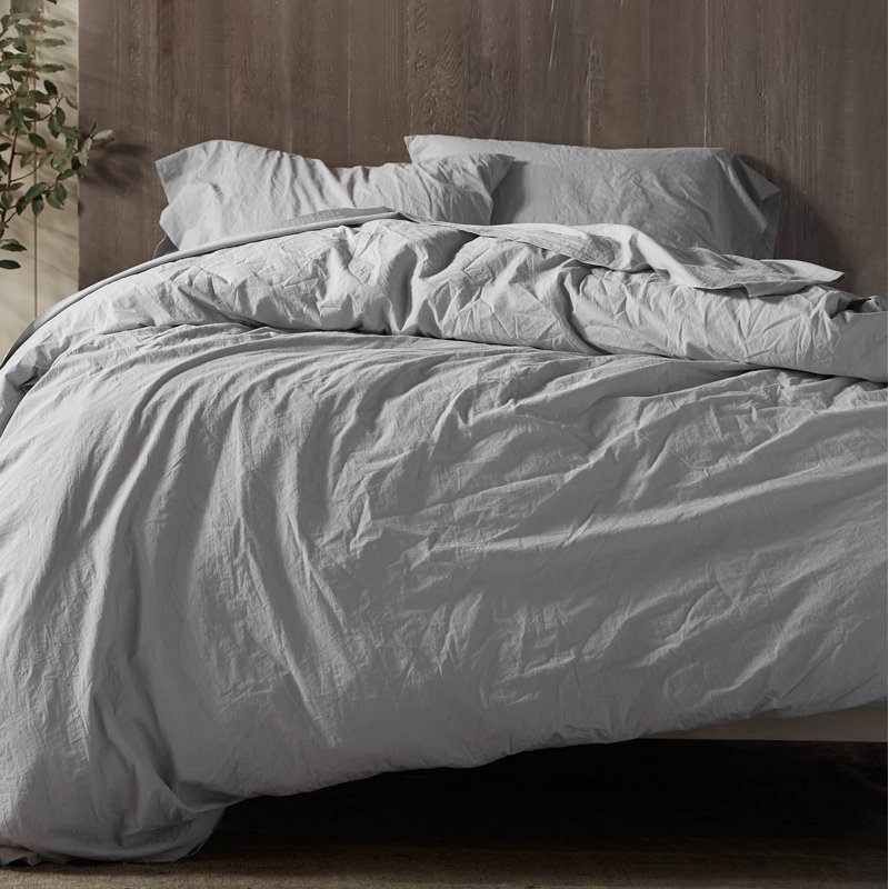 Organic Crinkled Percale 100% Cotton Percale Sheet Set, Pewter, Queen Sheet Set with 2 Pillowcases