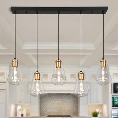 5-Light Dimmable Linear Kitchen Island Pendant With Teardrop Glass Shade