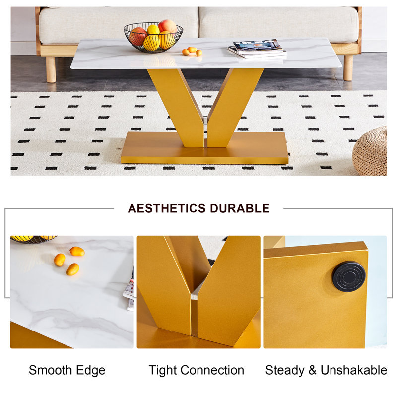 This Elegant Table Combines Durability With A Sleek Design- Featuring A Tempered Glass Tabletop With Stickers And Golden MDF Pillars, Perfect For Living Rooms And Dining Rooms