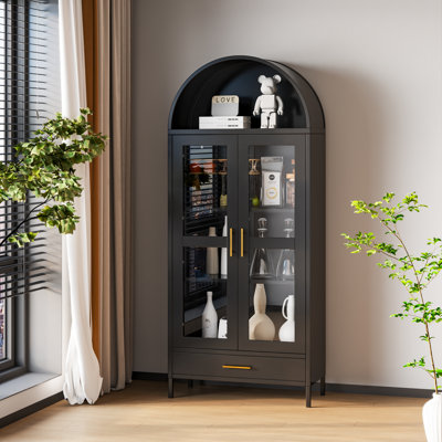 Armoire arquée en métal noir avec portes en verre, vitrine avec tablettes réglables, bibliothèque arquée moderne avec tiroir pour bureau, cuisine, garde-manger, salle à manger, assemblage requis, noir