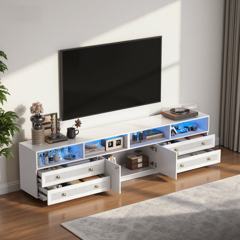 86.6" Modern White Led Tv Stand, Media Console For Tvs Up To 75", White