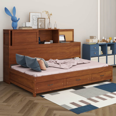 Lit de jour simple, cadre de lit de jour en bois avec 3 tiroirs de rangement, tableau souple supérieur, tablette et ensemble de prises et ports USB