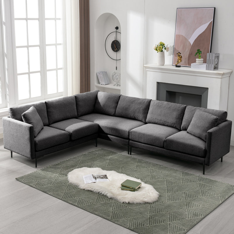 107" Linen L-Shaped Modular Sectional Sofa, Dark Gray Linen 