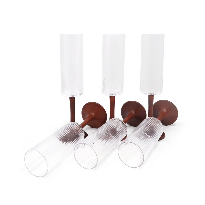 Set Of 6 Optic Flute Glasses With Straight Structure And Wood Stem