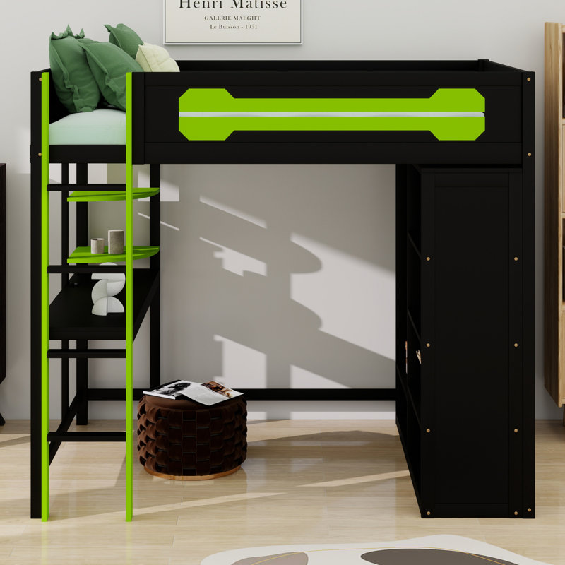 Lit mezzanine avec bureau d'étude et garde-robe ouvert, Vert