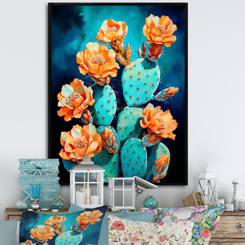 Cactus bleu et bronze brossé sur toile, H 20 po x l 12 po x P 1 po, Cadre flottant noir