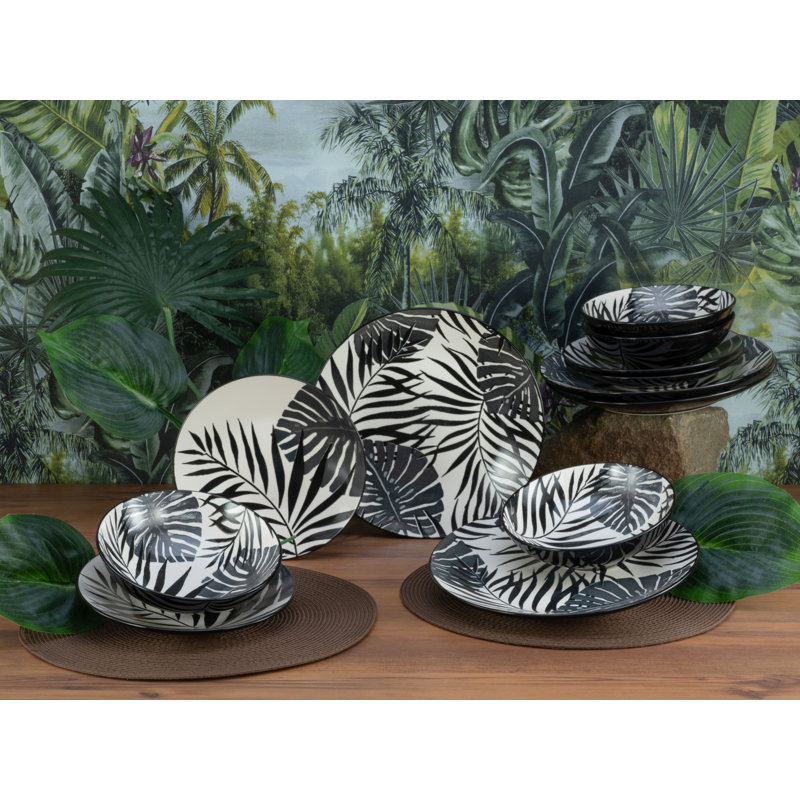 TROPICANA 12 Piece Dinnerware Set, Service for 4, White/Black