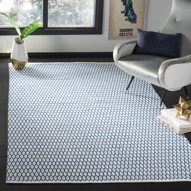 Tapis bleu / ivoire en coton tissé à plat Modena, Rectangle 2 pi x 3 pi