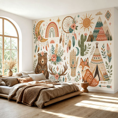 Wall Mural Peel and Stick Wallpaper Tribal kids set elements Boho teepee rainbow arrow moon sun boho Self-Adhesive Removable Contact Paper Wall Decor for Living Room Bedroom 69"H x 96"W