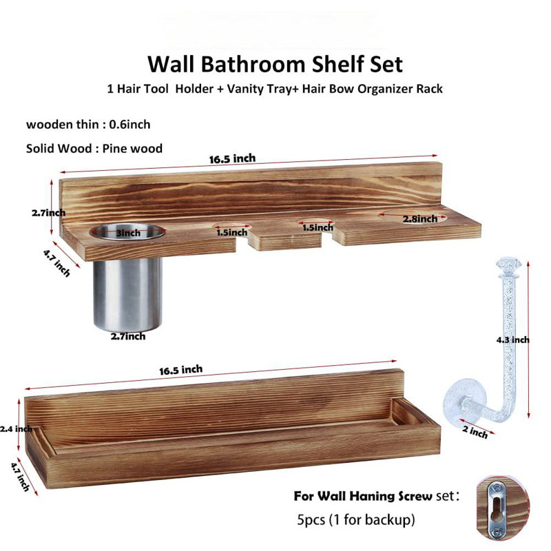 Hair Tool Organizer Wall Mount,2 Layer Rustic Blow Dryer Holder Bathroom Organizer Storage Shelf For Hair Tools, Wooden