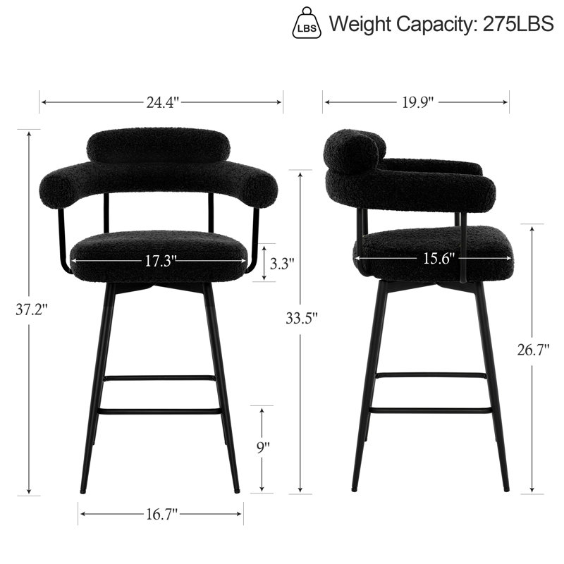 Kiylan Swivel 26.7" Counter Stool, Sherpa Black