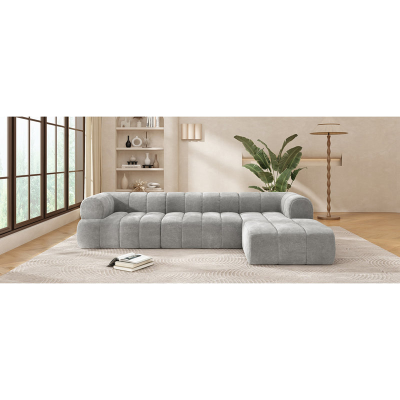 Canapé modulaire en forme de L 122 po avec éponge entièrement compressée haute densité et méridienne de 122 po, Gris
