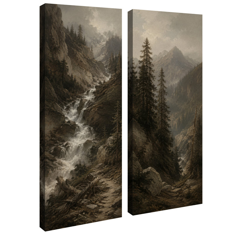 Décoration murale nature : Cascade de montagne sombre et forêt de conifères – Ensemble de 2 impressions sur toile 32 po x 12 po x 2 po