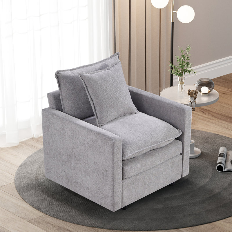 Fauteuil de salon gris en chenille - siège profond avec coussins à double couche et aspect charmant
