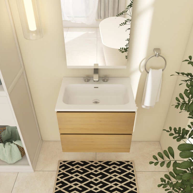 Zykaria 24'' Single Bathroom Vanity with Ceramic Top, 8" Centers, Natural Oak