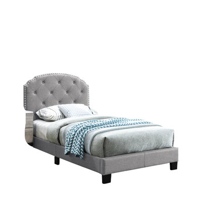 Gray Burlap Twin Bed With Button Finish, European Bedroom Frame, Middle Support Legs, No Box Spring Needed Size Furniture For Bedroom,