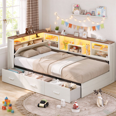 Twin Daybed with Storage & Sliding Glass Door Bookcase Headboard, Farmhouse Wood Corner Bed Frame with 3 Storage Drawers, 2-Tier Side Bookshelves,LED Lights & Charging Station, Convertable Bed for Small Bedroom, No Box Spring Needed