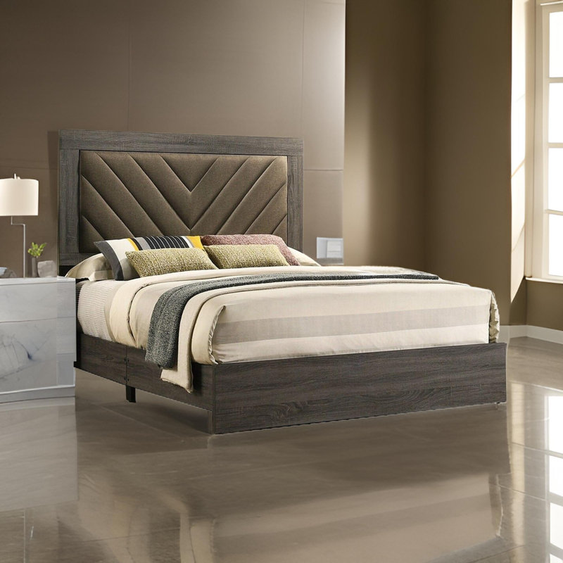 Lit plateforme tapissier, Gris / Brun, Grand