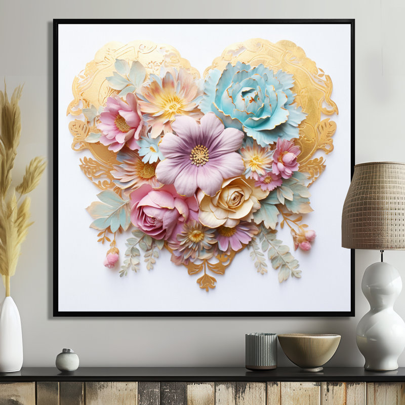 Fleur mauve pastel doré cœur romantique - impression abstraite murale, salon, Toile avec cadre flottant noir