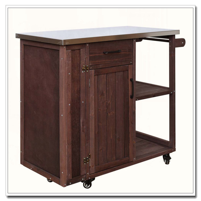 Outdoor Kitchen Island Fir Wood Prep Station Lockable Kitchen Cart with Stainless Top, Ample Storage Space, Dark Brown
