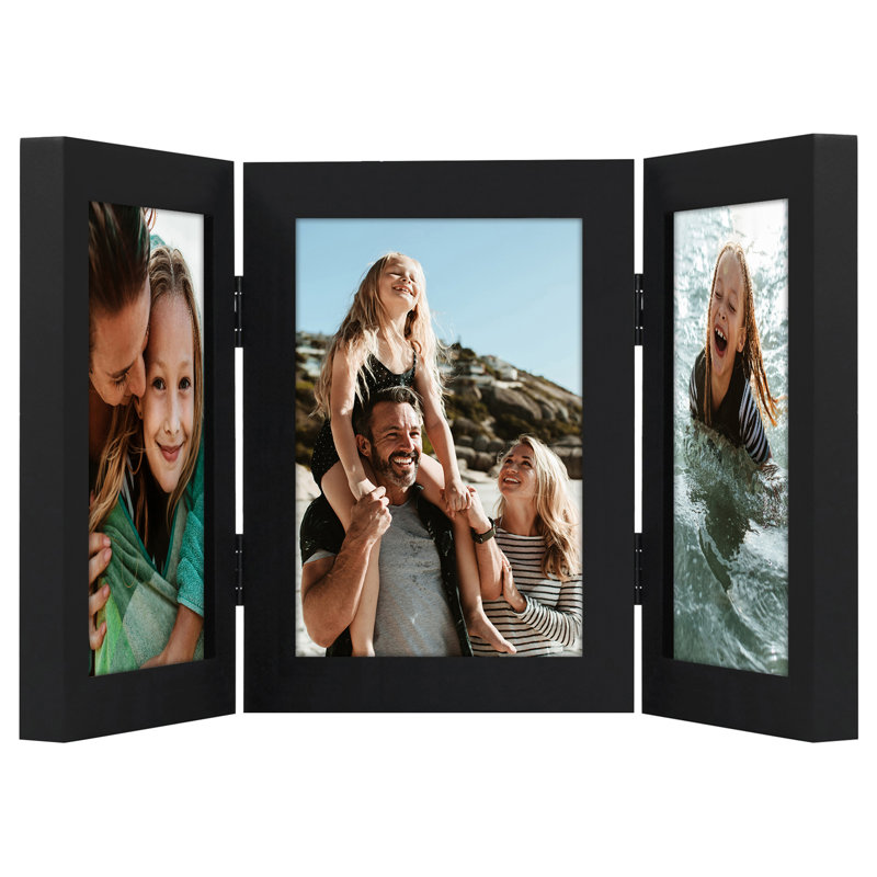 Cadre à charnières pour bureau trois photos - Bois composite et verre incassable, 4 po x 6 po, Noir