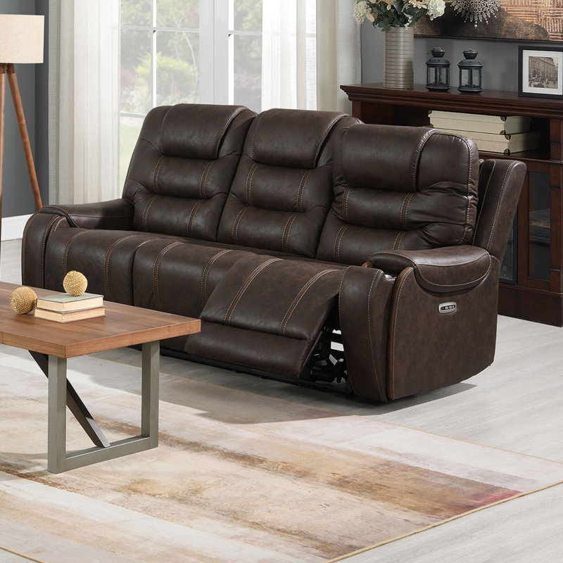 Burlington, 86" Wide Dual Power Recliner Sofa With The Adjustable Headrest and Hidden cupholder in each Arm (Brown color)