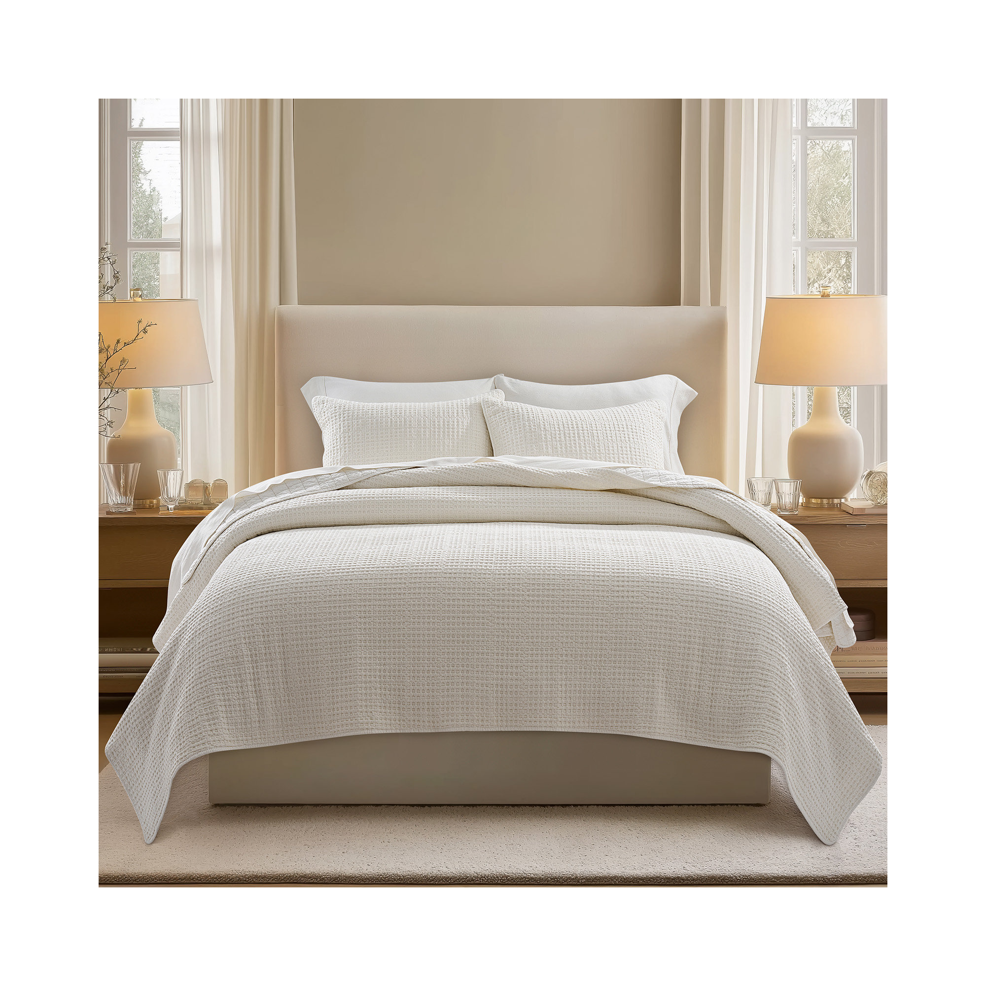 Stonewashed 100% Natural Cotton Waffle Quilt Set, Bright White, King Quilt + 2 King Shams