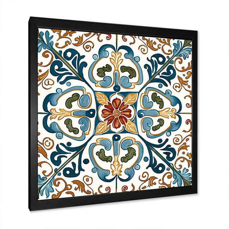Carrelage méditerranéen rétro bleu VI - art mural abstrait, L 30 po x H 30 po, Impression noire sur toile encadrée